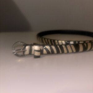 Zebra Print Leather Skinny Belt - Silver Buckle - Size Large - 39